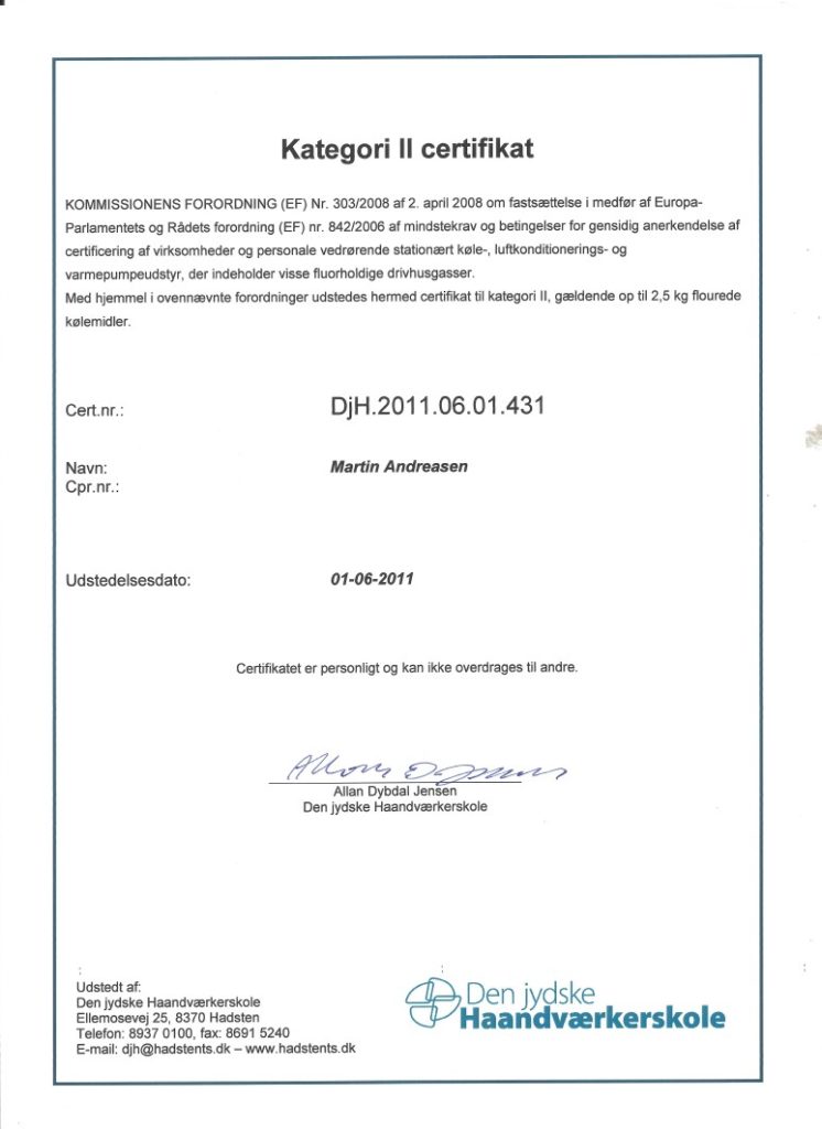 Koelemiddelcertifikat Jyske haandvaerkerskole